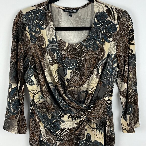 Conrad C Top Blouse Size L Brown Beige Paisley 3/4 Sleeve Round Neck Stretch - Picture 1 of 9
